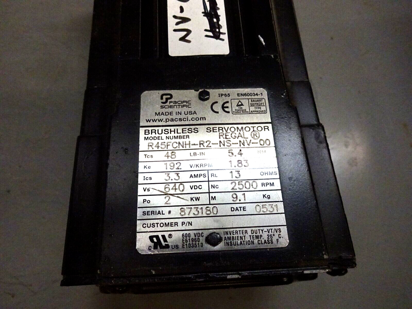 PACIFIC SCIENTIFIC R45FCNH-R2-NS-NV-00 BRUSHLESS SERVO MOTOR 640VDC 2500RPM NEW