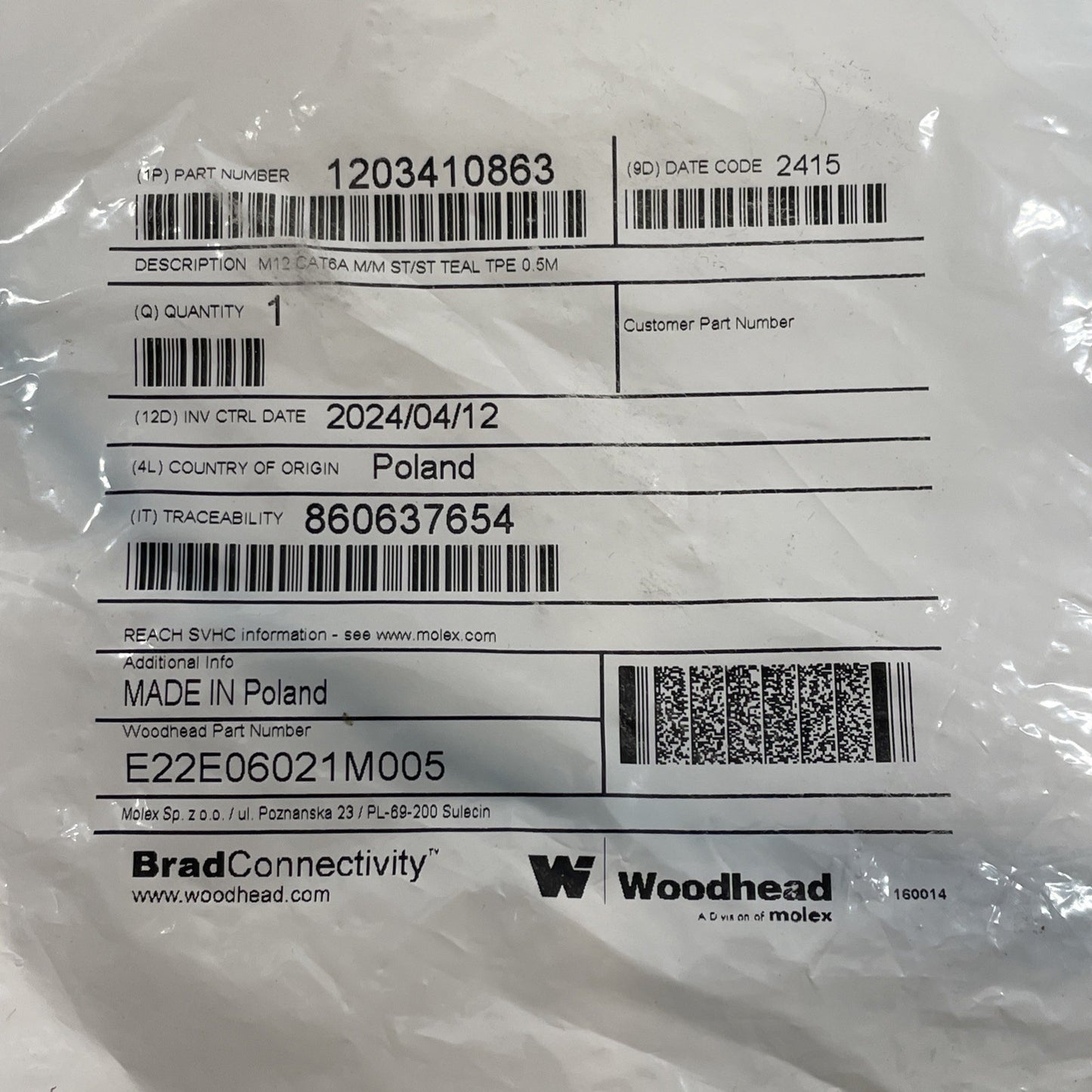 BRAD CONNECTIVITY E22E06021M005 M12 CAT6A Ethernet Cable 0.5M ST/ST 1203410863