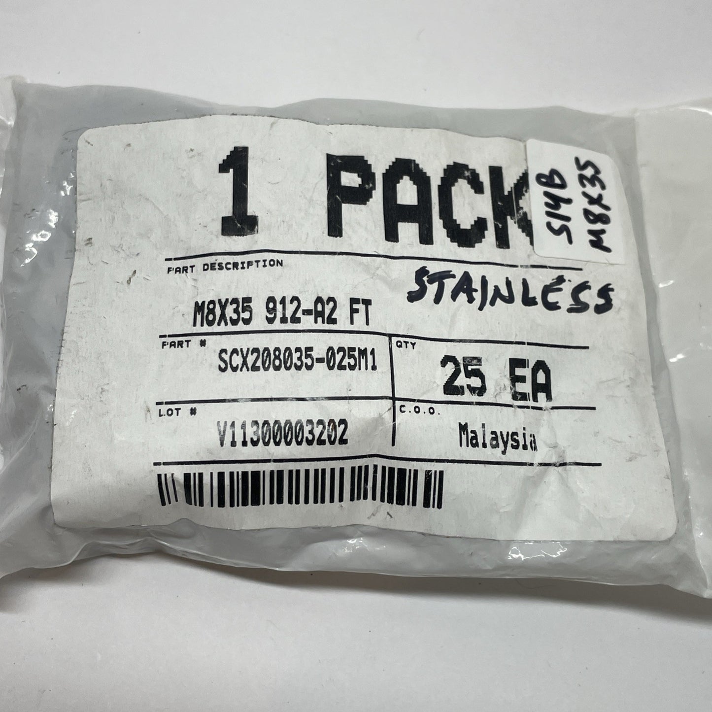 SCX208035-025M1 Stainless Socket Head Cap Screw M8X35 912-A2 FT