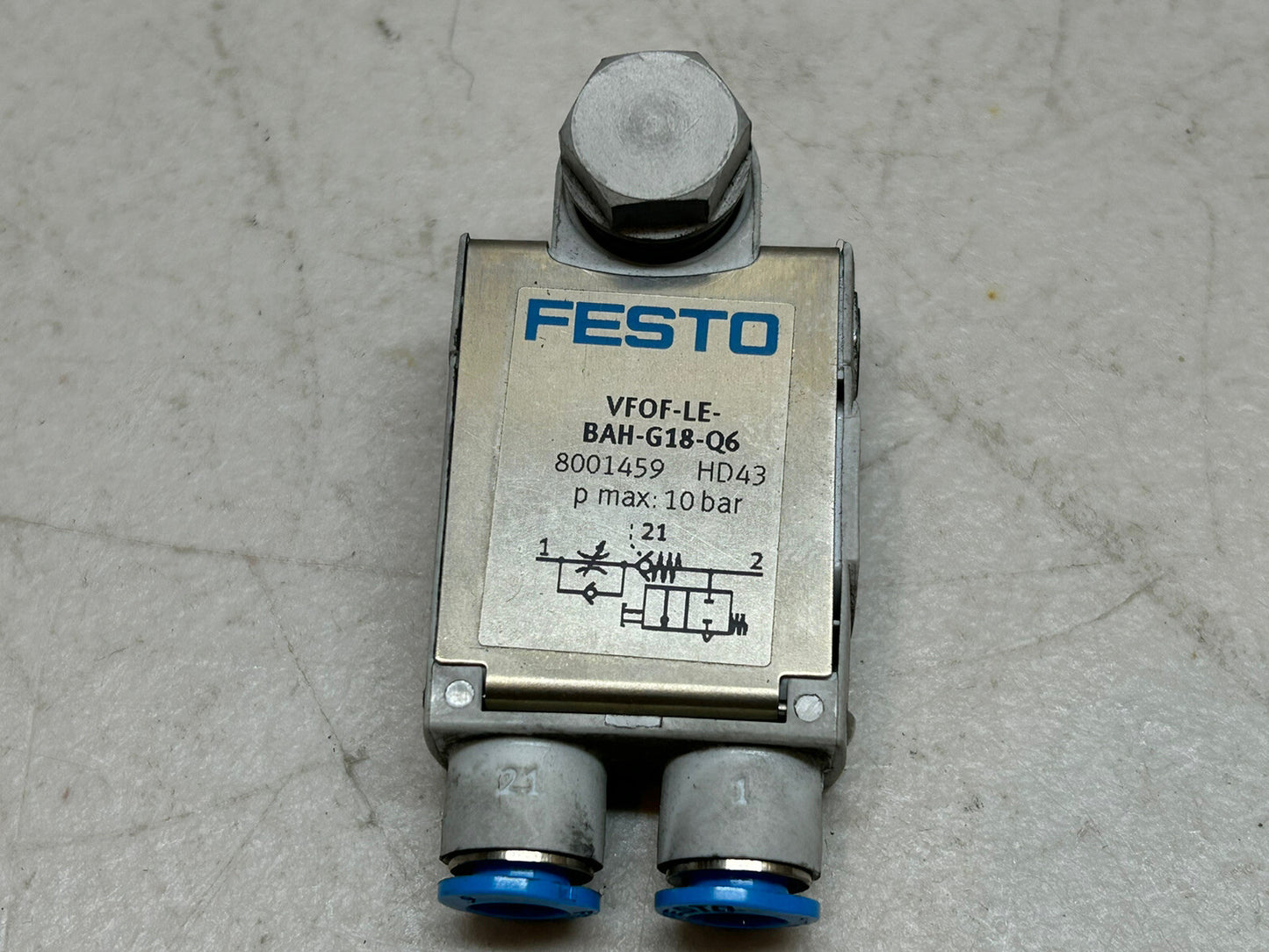 FESTO VFOF-LE-BAH-G18-Q6 / 8001459 ONE WAY THROTTLE VALVE HD43 P MAX 10 BAR