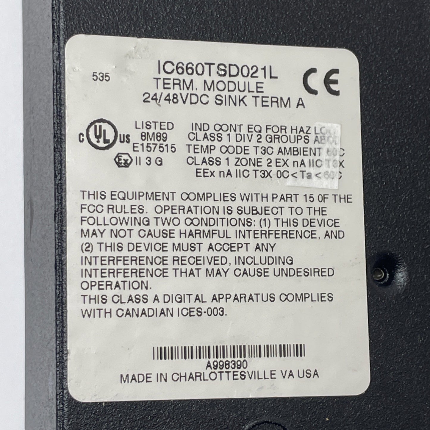 GE Fanuc IC660TSD021L Terminal Module 24/48 VDC Sink