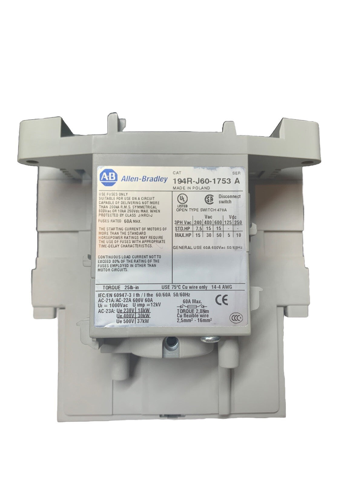 ALLEN BRADLEY 194R-J60-1753S SERIES A ROTARY DISCONNECT SWITCH 60A 3P