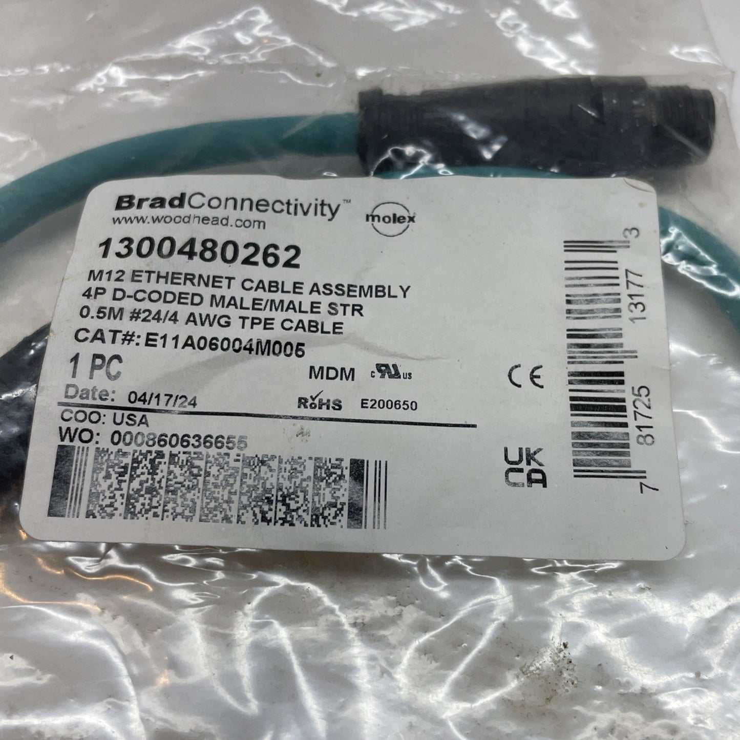 BRAD CONN. E11A06004M005 M12 ETHERNET CABLE ASSEMBLY 4P D-CODED M/M 1300480262