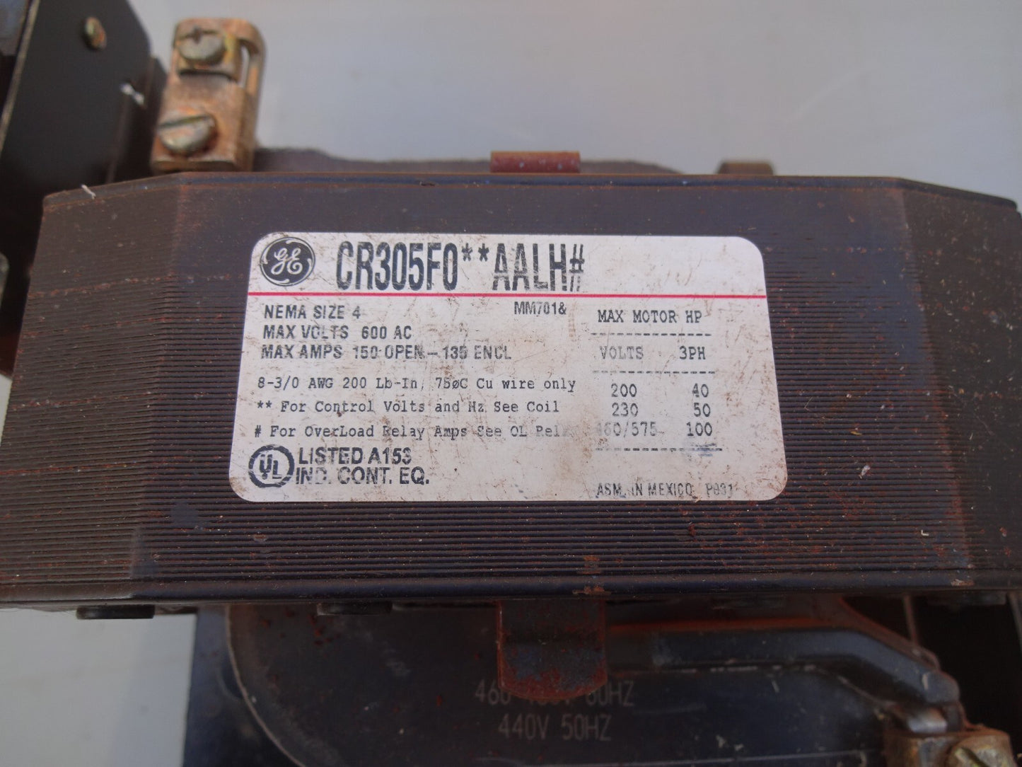 GE CR305F0 / SIZE 4 CONTACTOR 480 VAC COIL 600 VAC 100 HP 135 AMPS 3 PHASE