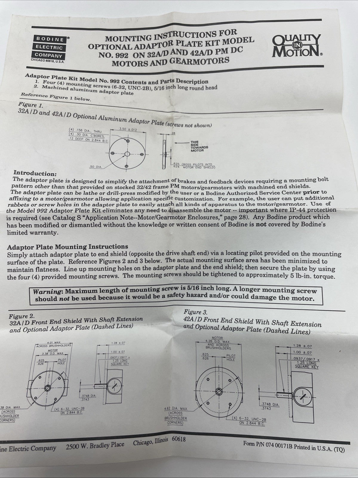 (LOT OF 2) BODINE NO. 992 Motor Adapter Plate for 32/42 Frame PM motor/gearmotor