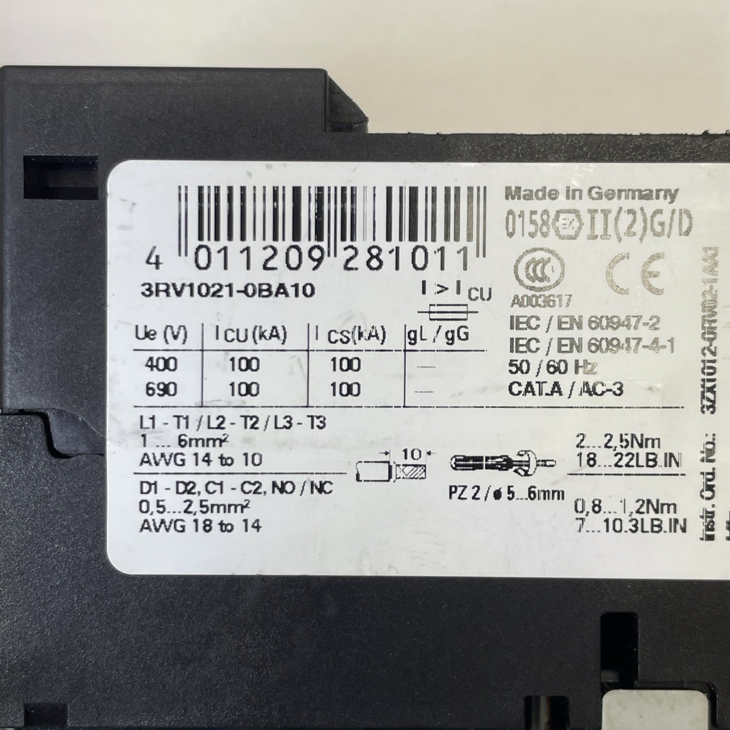Siemens 3RV1021-0BA10 Manual Motor Starter Protector Circuit Breaker 0.2A