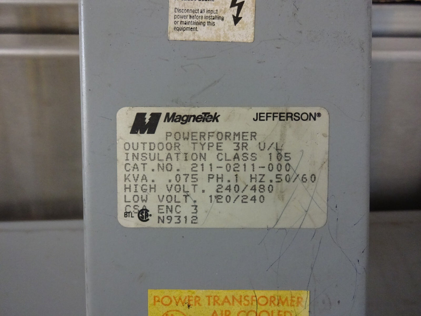 JEFFERSON MAGNETEK 211-0211-000 POWERFORMER / 3R U/L / .075KVA / 240/480V 1PH