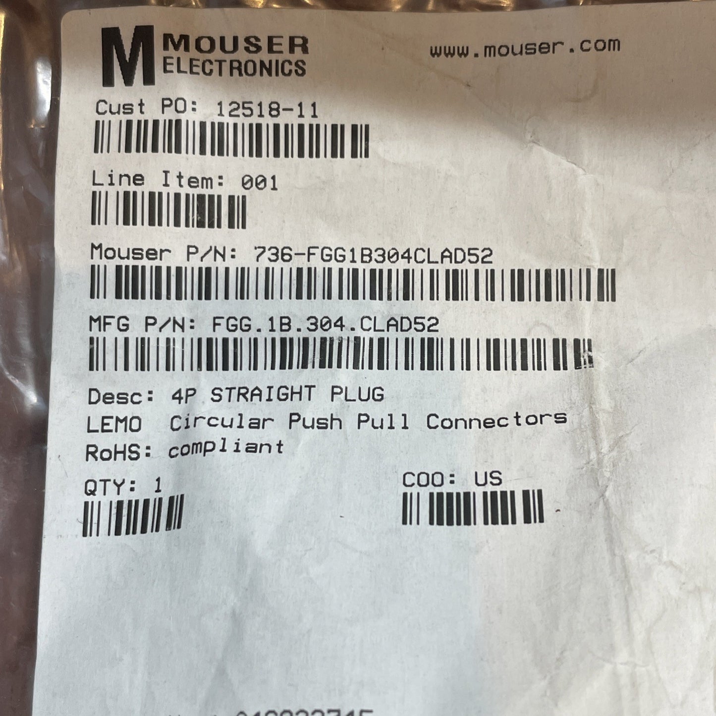 LEMO FGG.1B.304.CLAD52 4-Pin Circular Push-Pull Plug Connector FGG.1B