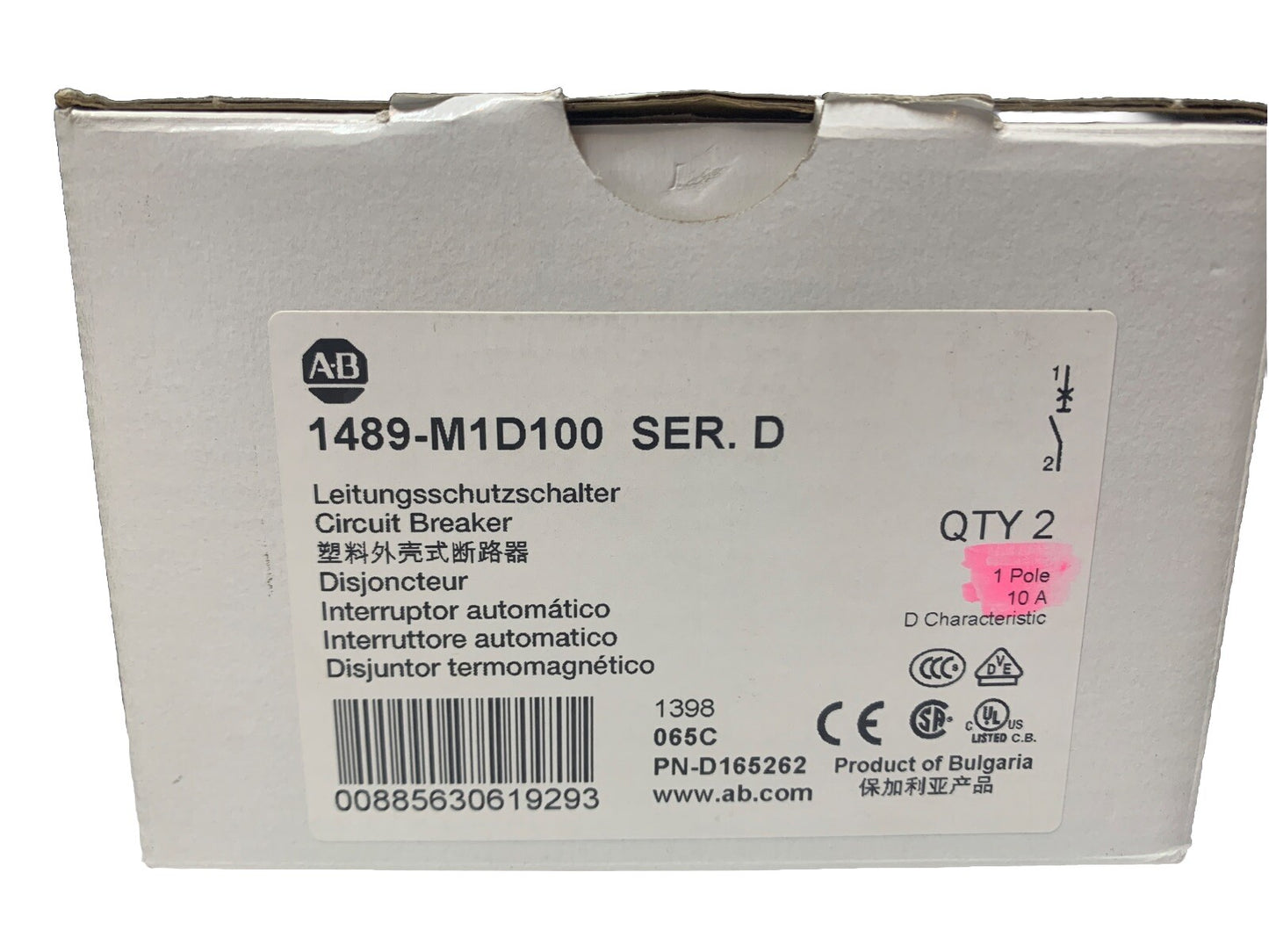 ALLEN BRADLEY 1489-M1D100 CIRCUIT BREAKER SER. D 10A 1489-M (2) 1 POLE BREAKERS