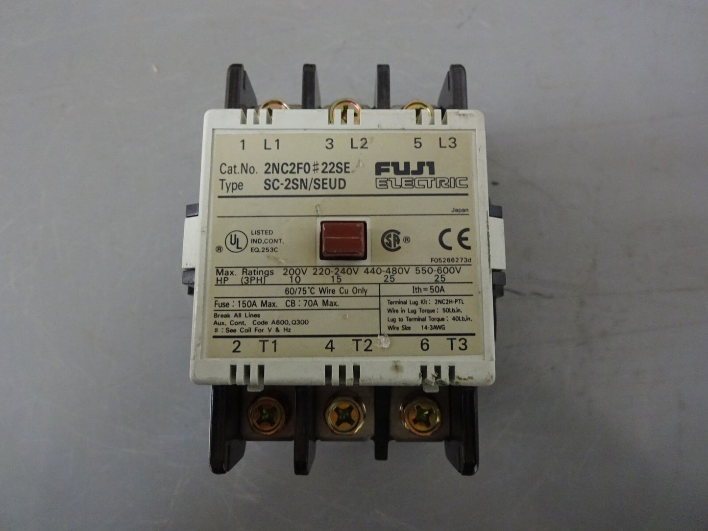 FUJI 2NC2F0#22SE / TYPE SC-2SN/SEUD / MAGNETIC CONTACTOR 3 POLE 600V STARTER 70A