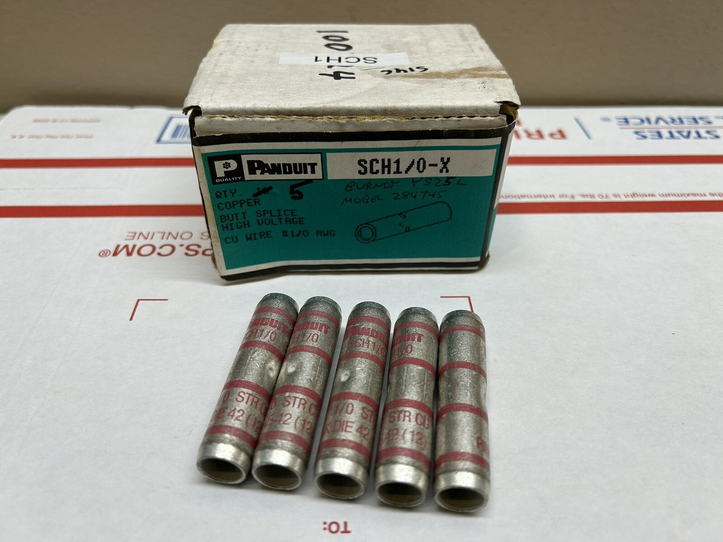 PANDUIT SCH1/0-X COPPER BUTT SPLICE HIGH VOLTAGE CU WIRE # 1/0 AWG/ NEW LOT OF 5