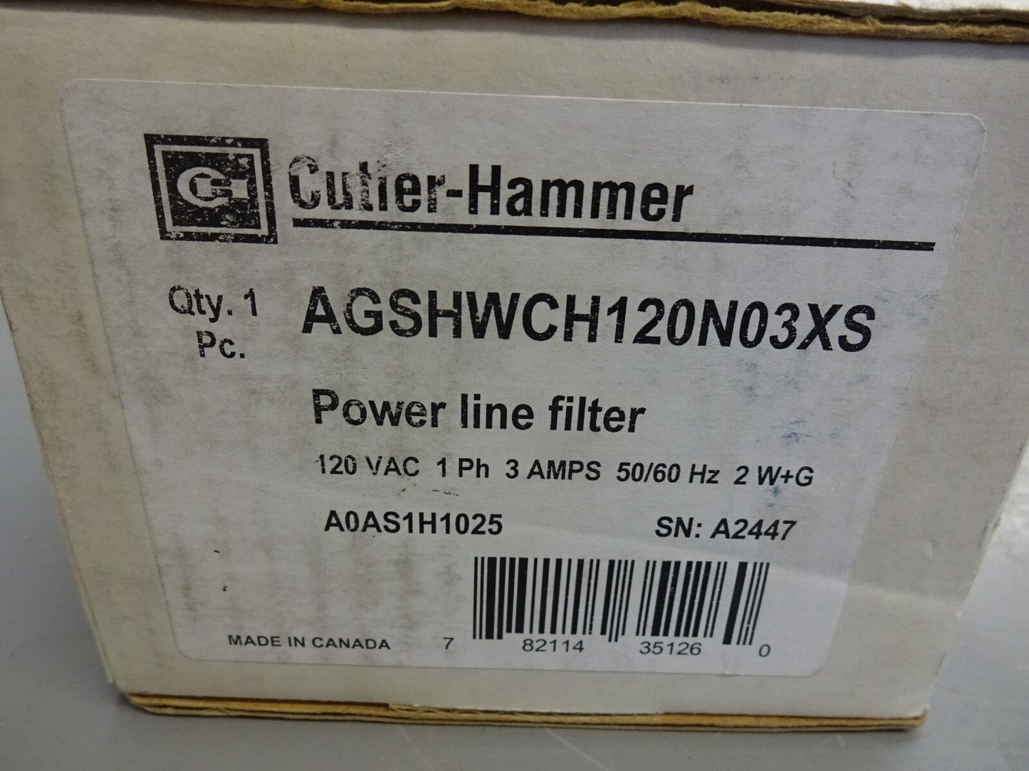 CUTLER HAMMER AGSHWCH120N03XS / POWERLINE FILTER HARD WIRE 3AMP 120VA / NEW