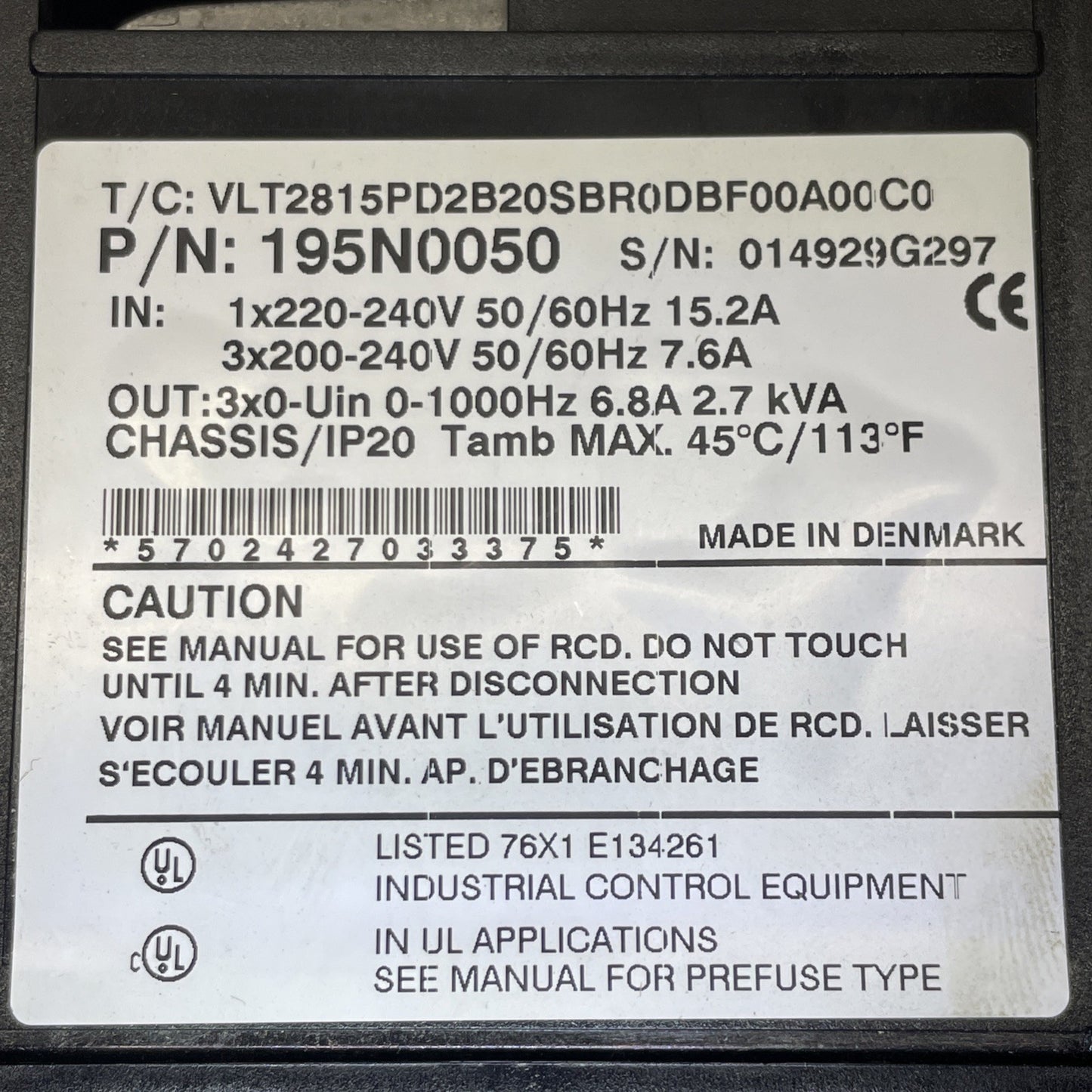 Danfoss 195N0050 (VLT2815PD2B20SBR0DBF00A00) VLT 2800 Series Inverter Drive