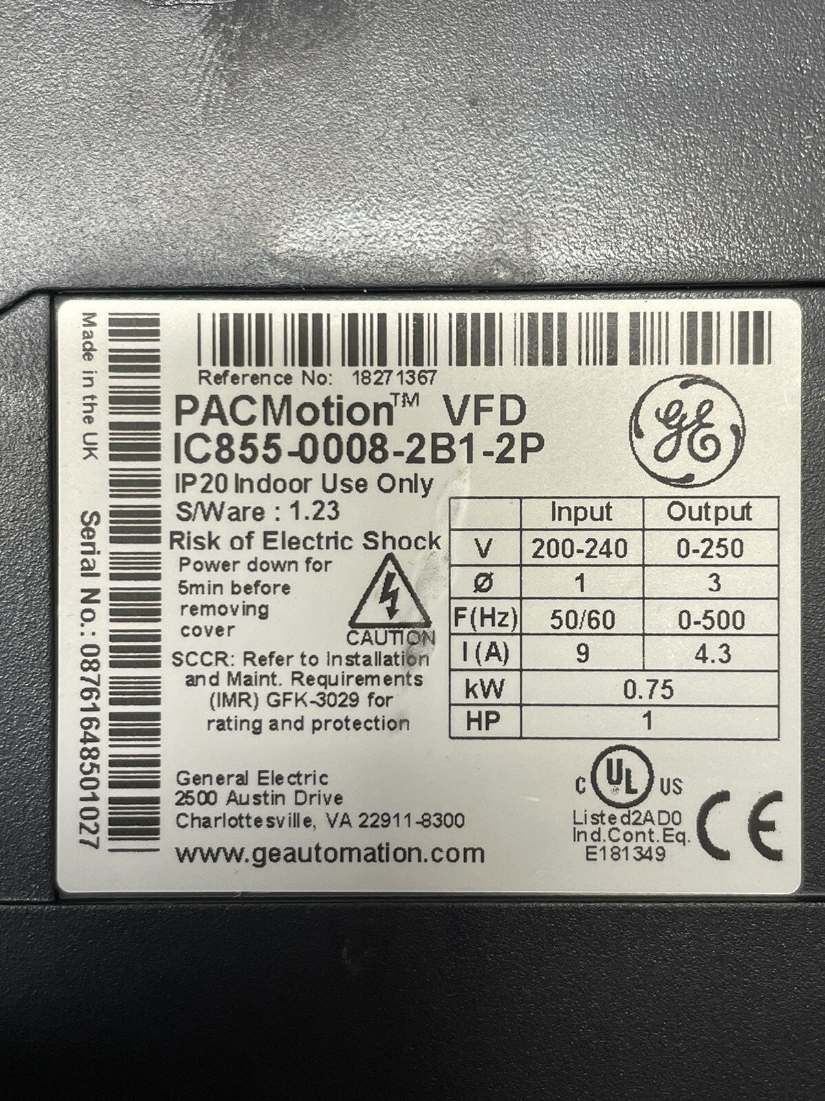 GE IC855–0008-2B1-2P PACMotion VFD Emerson