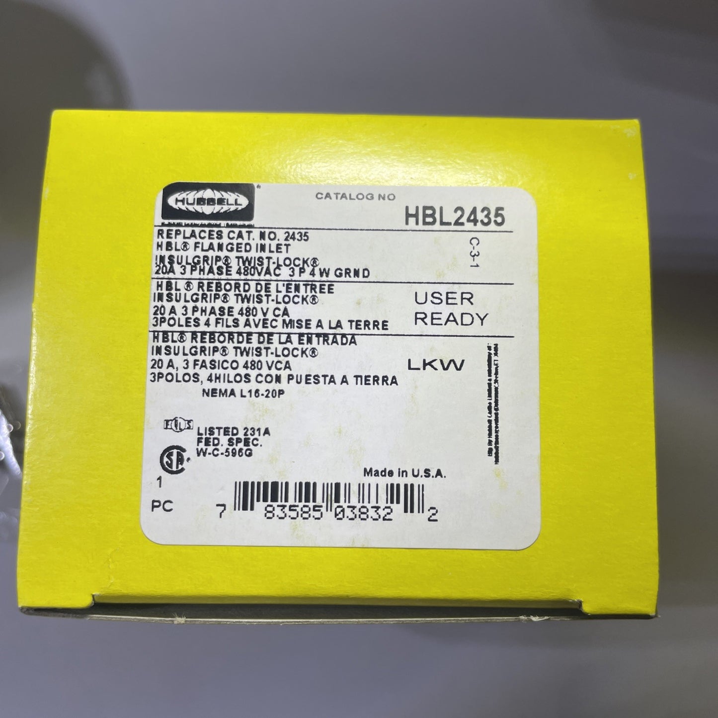 Hubbell HBL2435 Twist Locking Male Flanged Inlet 20A 3-Phase 480V 3P 4W L16-20P