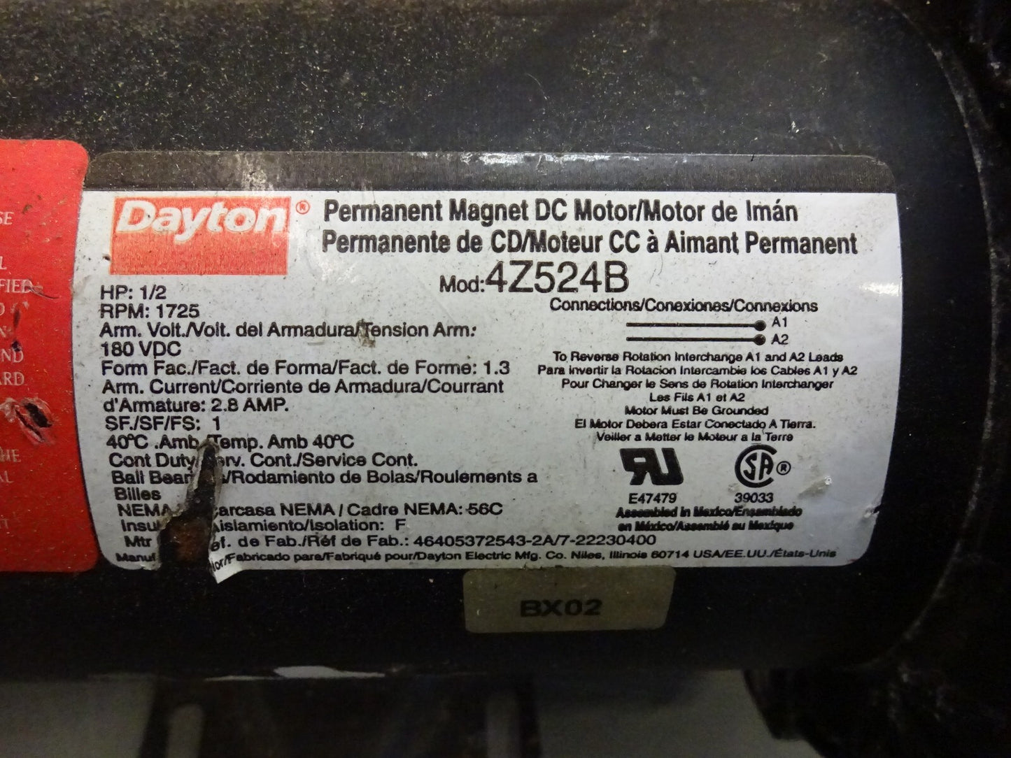 DAYTON 4Z524B / PERMANENT MAGNET DC MOTOR / 1/2HP / 1725RPM / 190VDC