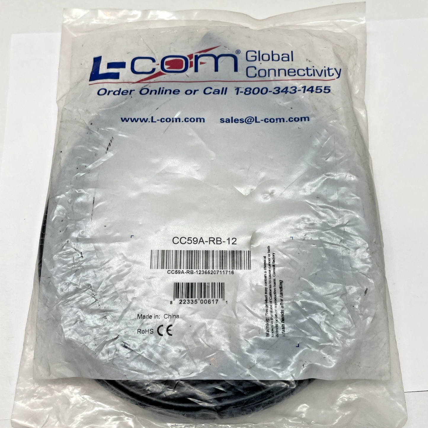 RG59A Coaxial Cable, RCA Male / BNC Male, 12.0 ft - NEW