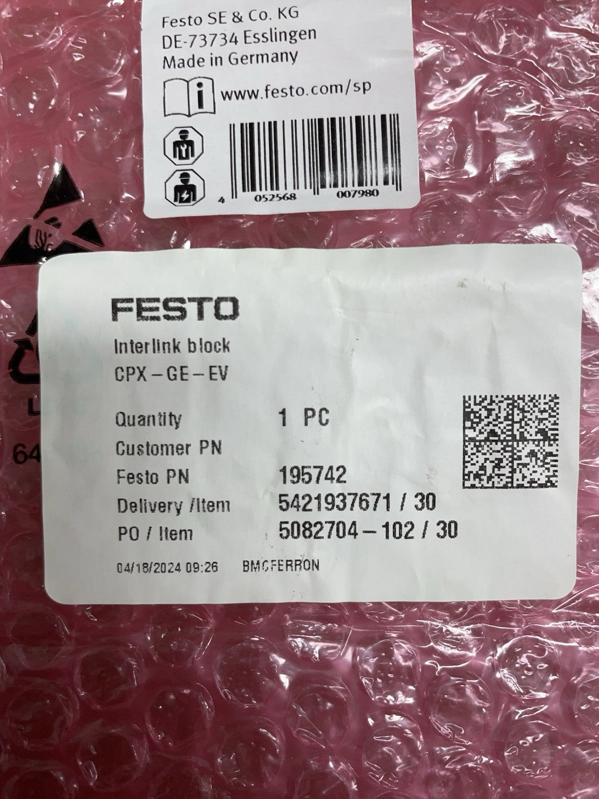 CPX-GE-EV Festo 195742 Interlinking block Fast Shipping