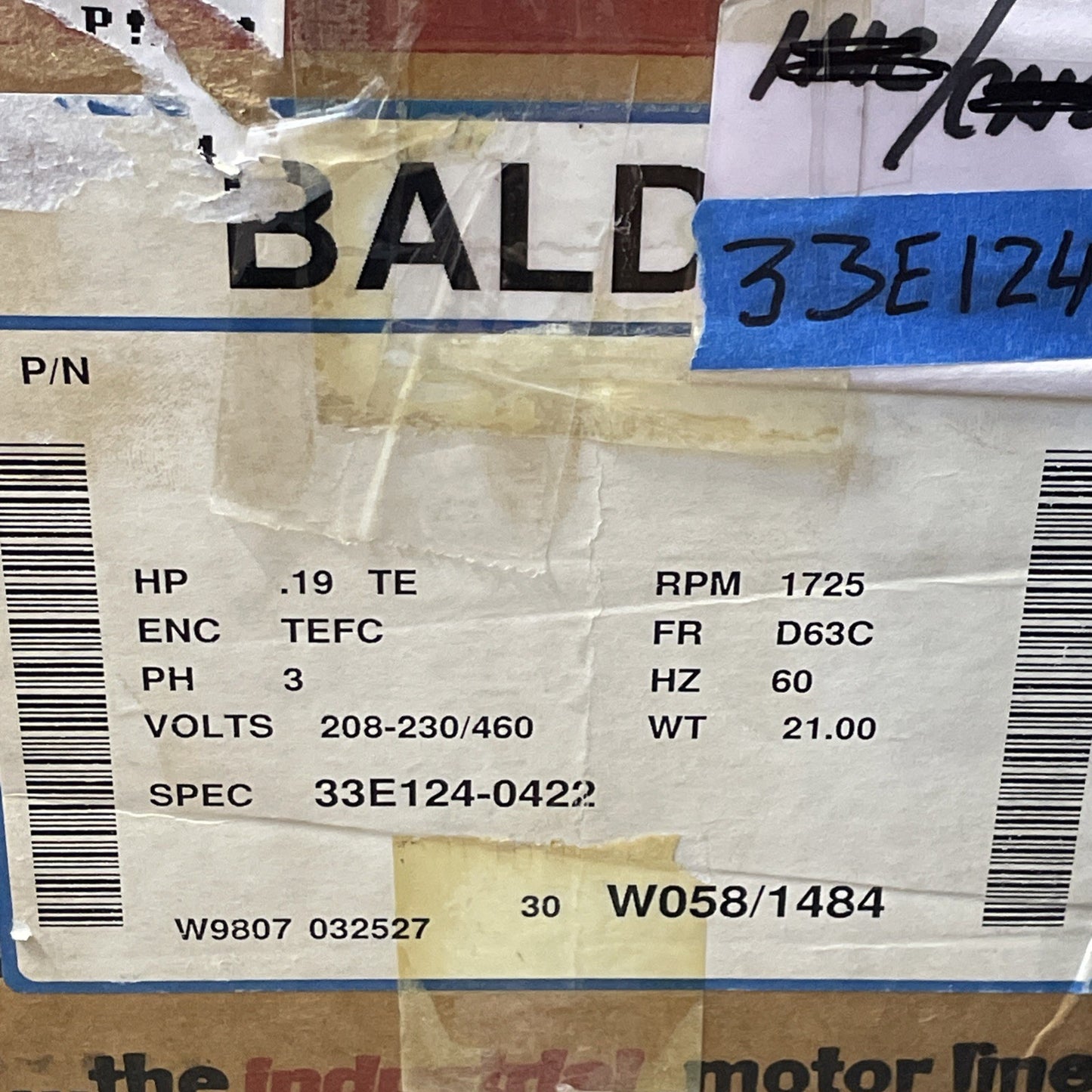 *NEW* Baldor 33E124-0422 0.19 HP 1725 RPM 3-Phase Motor 208-230/460 V