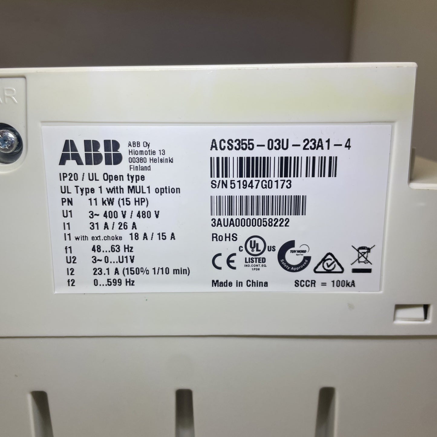 Drive ACS355-03U-23A1-4 ACS355 3~400V/480V 31A/26A 63Hz 15HP ABB