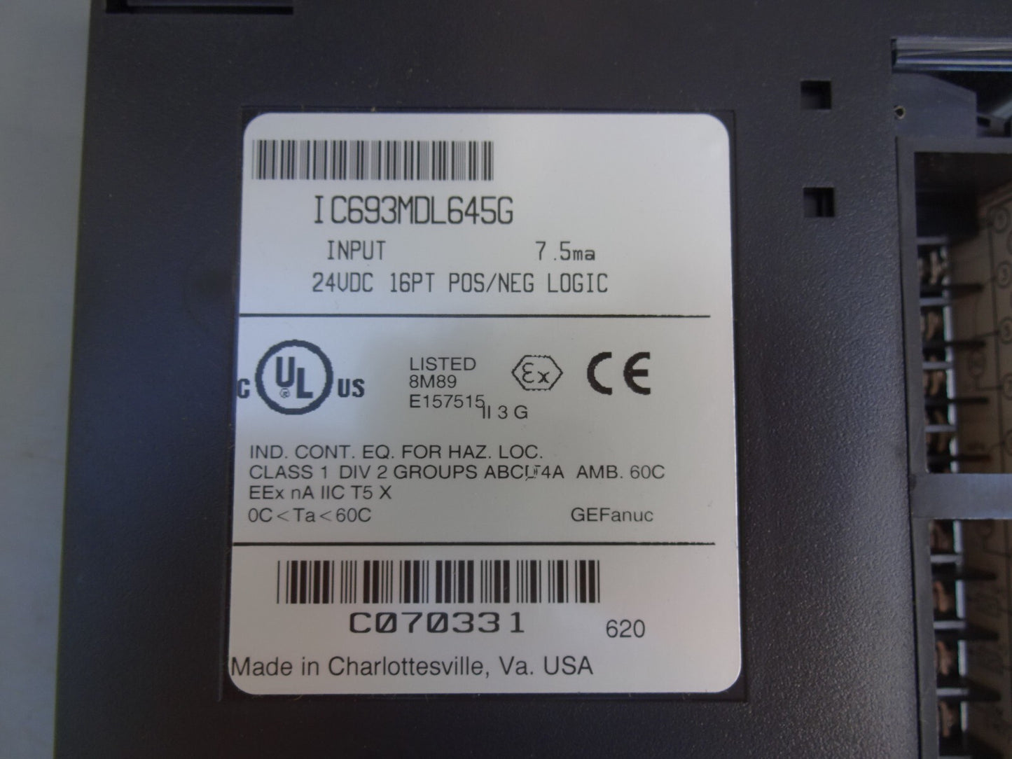 GE FANUC IC693MDL645G / IC693MDL645 INPUT MODULE 24VDC / 16PT / POS/NEG LOGIC