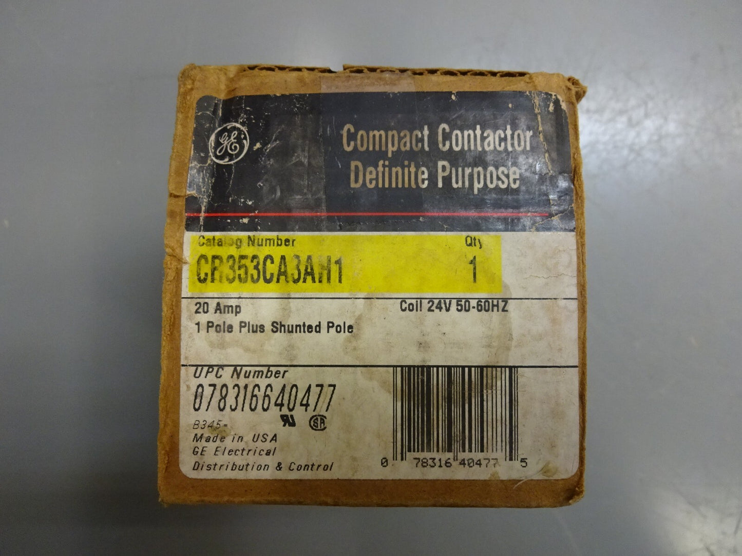 GE CR353CA3AH1 COMPACT CONTACTOR 20A 1 POLE PLUS SHUNTED POLE COIL 24V 50-60HZ