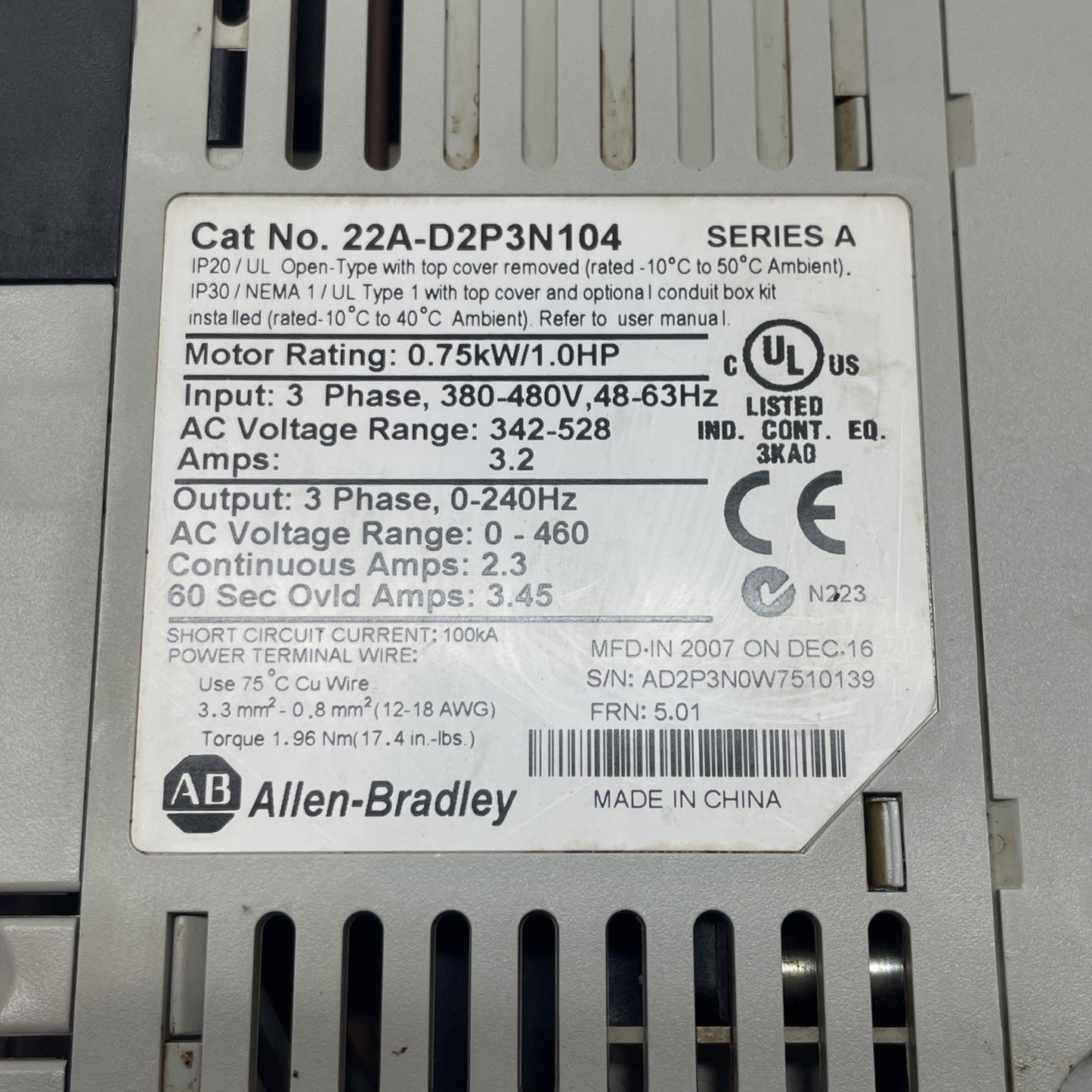 Allen-Bradley 22A-D2P3N104 PowerFlex 4 480VAC 3PH 0.75kW AC Drive