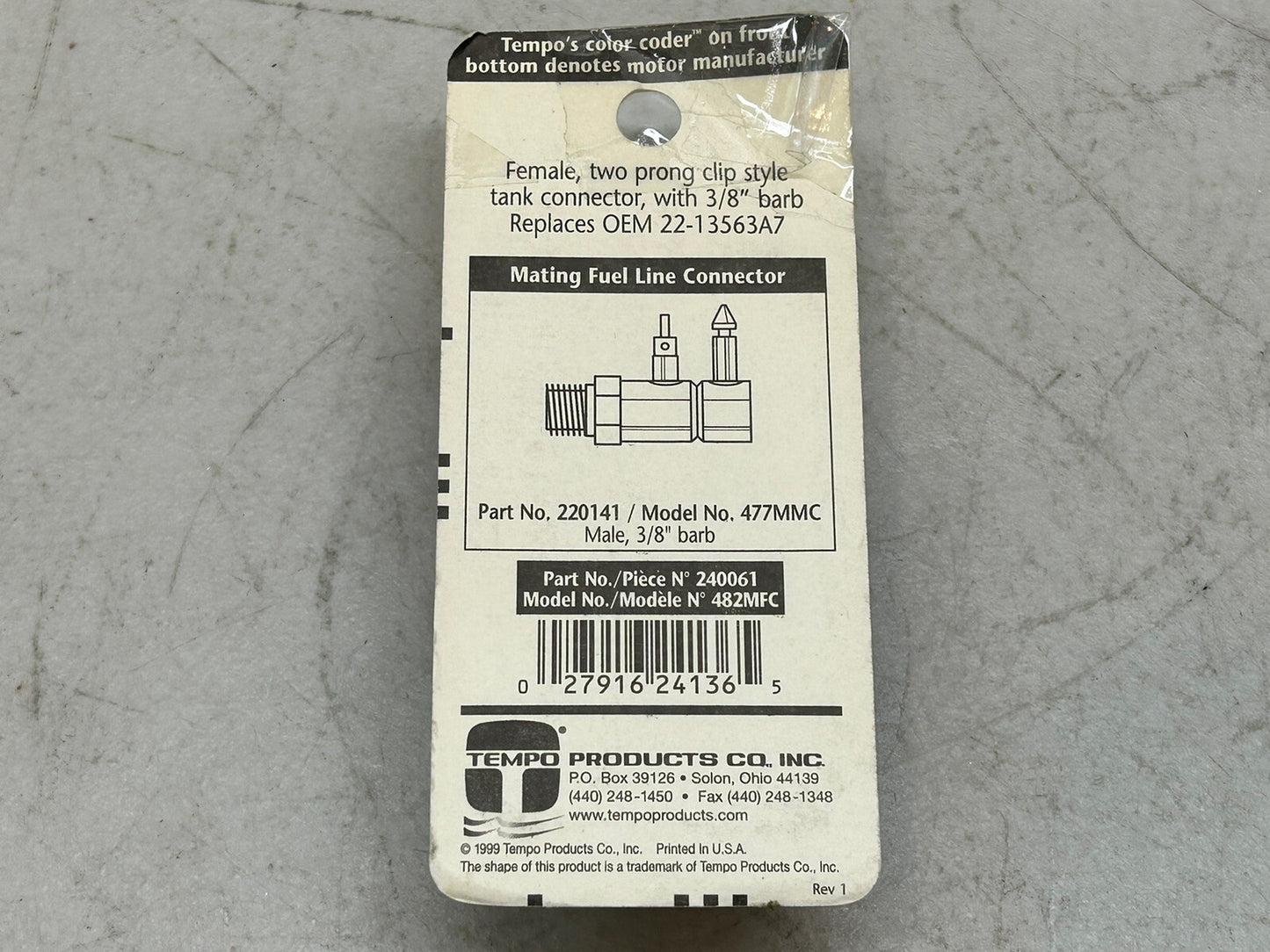 TEMPO 240061 / 482MFC / TANK CONNECTOR FEMALE 3/8" BARB OEM 22-13563A7 / NEW