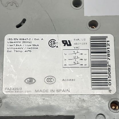 Eaton FAZ-K20/3 20A 3-Pole K-Curve Supplementary Protector