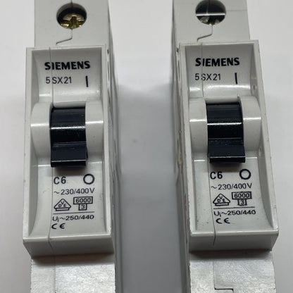 SIEMENS 5SX21-C6 CIRCUIT BREAKER 6A 230/400V 1 POLE C-CURVE (LOT OF 2)