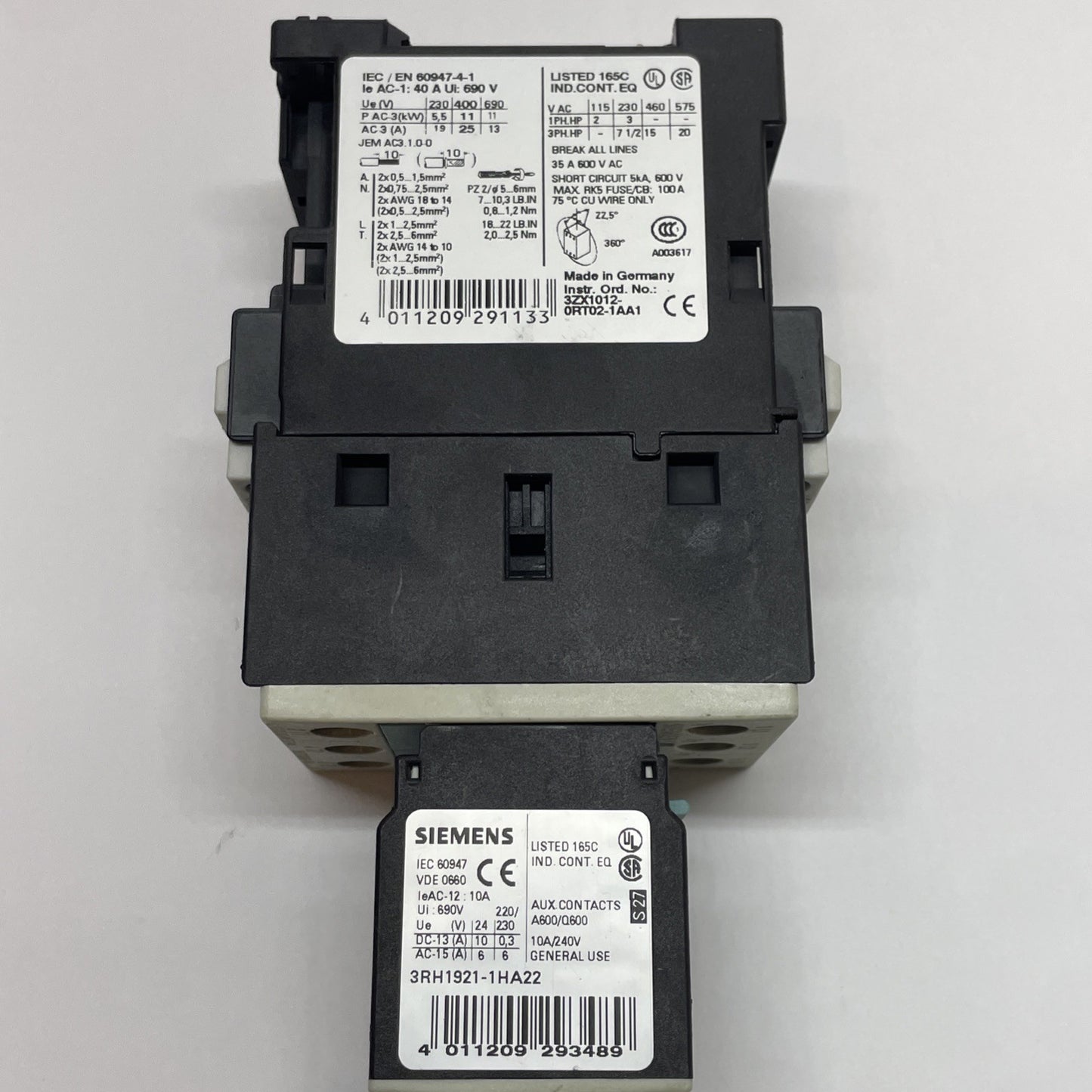 Siemens Contactor, 3RT1026-1B / 3RT1026-1B..0 w/ 3RH1921-1HA22 Contactor