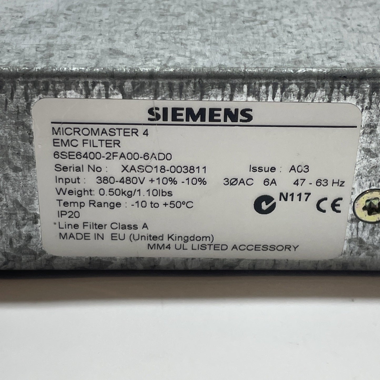 Siemens 6SE6400-2FA00-6AD0 3-Phase EMC/EMI Filter 6A 380-480 VAC