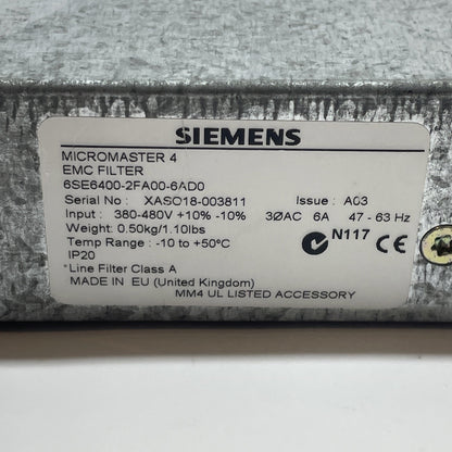 Siemens 6SE6400-2FA00-6AD0 3-Phase EMC/EMI Filter 6A 380-480 VAC