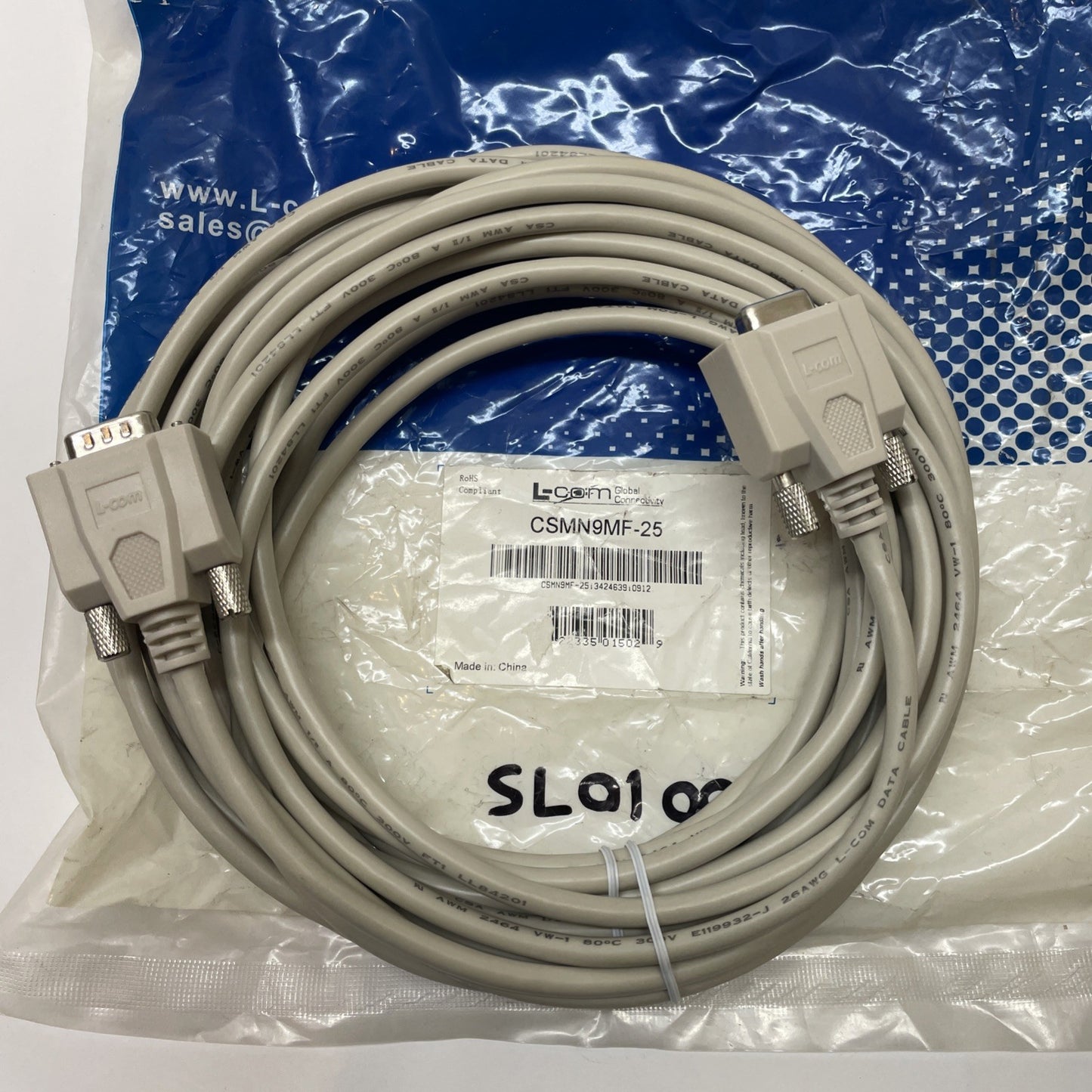 L-Com CSMN9MF-25 DB9 Male to Female Molded Cable 25ft