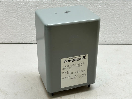 TECHNIPOWER NP-31.5-0.750D / INPUT 105-125VAC / POWER SUPPLY 400HZ / 31.5 VDC OP