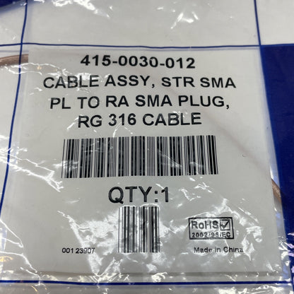 NEW Emerson 415-0030-012 Cable Assembly STR SMA PL To RA SMA Plug RG 316 Cable