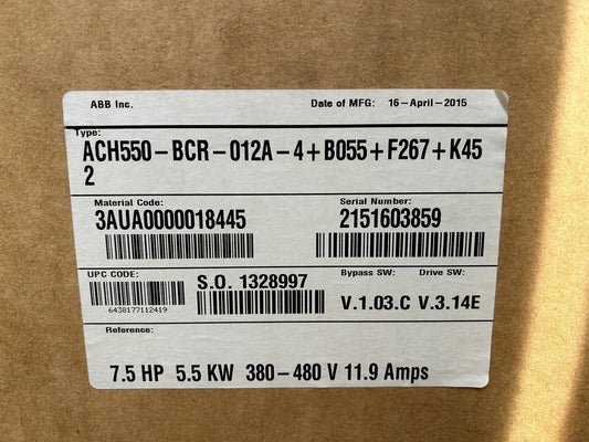 ABB ACH550-BCR-012A-4+B055+F267+K452 / ACH550-BCR-012A-4 AC DRIVE W/ BYPASS NEW