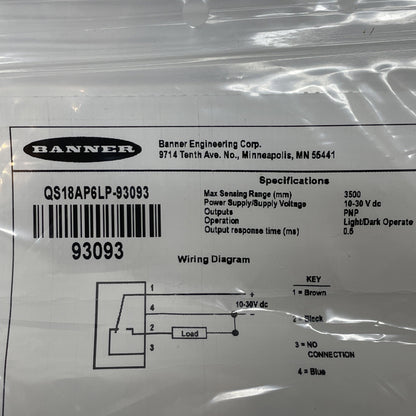 Banner QS18AP6LP-93093  10-30VDC Polarized Photoelectric Sensor - NEW