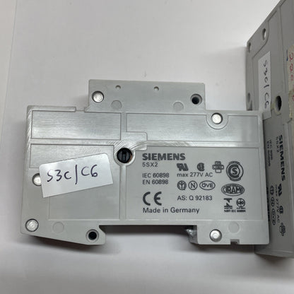 SIEMENS 5SX21-C6 CIRCUIT BREAKER 6A 230/400V 1 POLE C-CURVE (LOT OF 2)