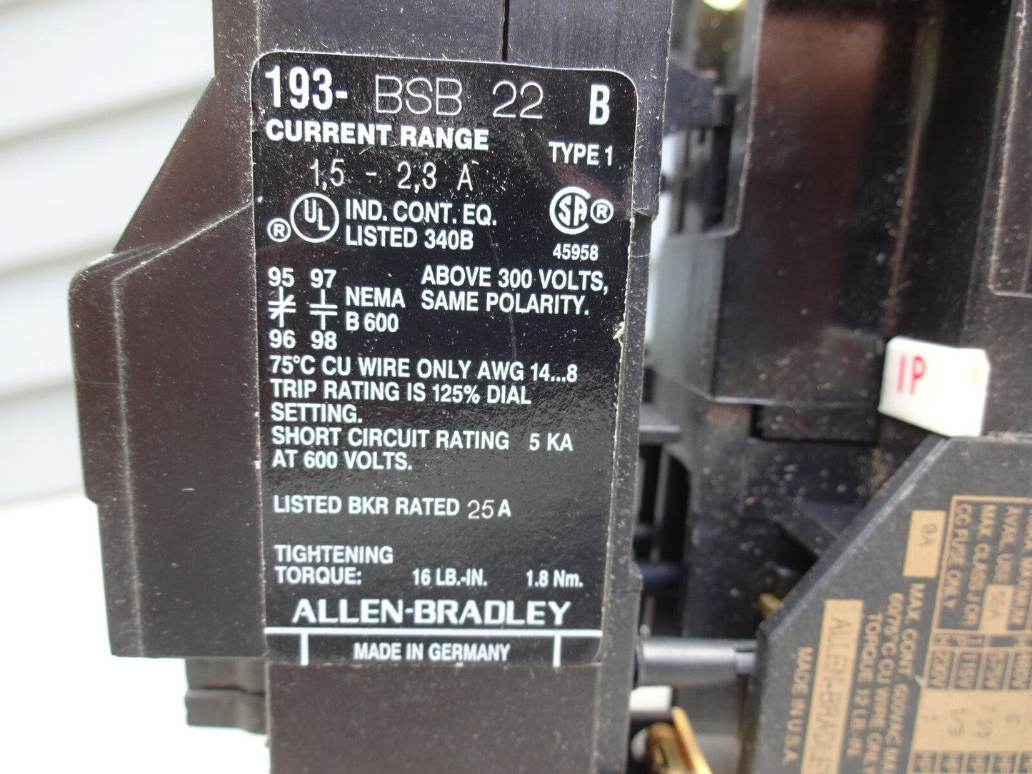 AB ALLEN BRADLEY 193-BSB 22 OVERLOAD RELAY WITH 100-A09ND3 / SERIES B