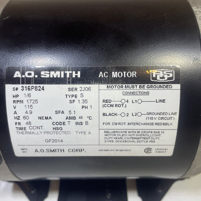 AO SMITH AC MOTOR 316P824 4UE81 1/6 HP 1725RPM 115V 1PH 48 FRAME