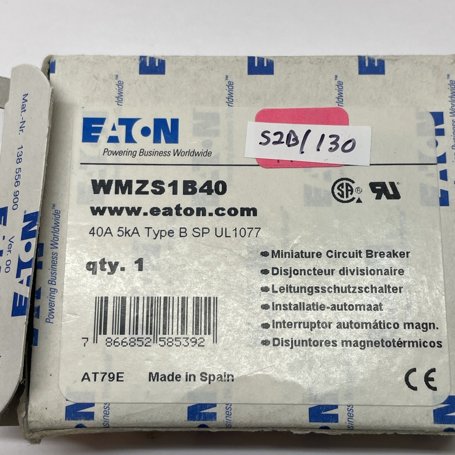Eaton WMZS1B40 1-Pole DIN Rail Circuit Breaker 40A 5kA Type B SP UL1077