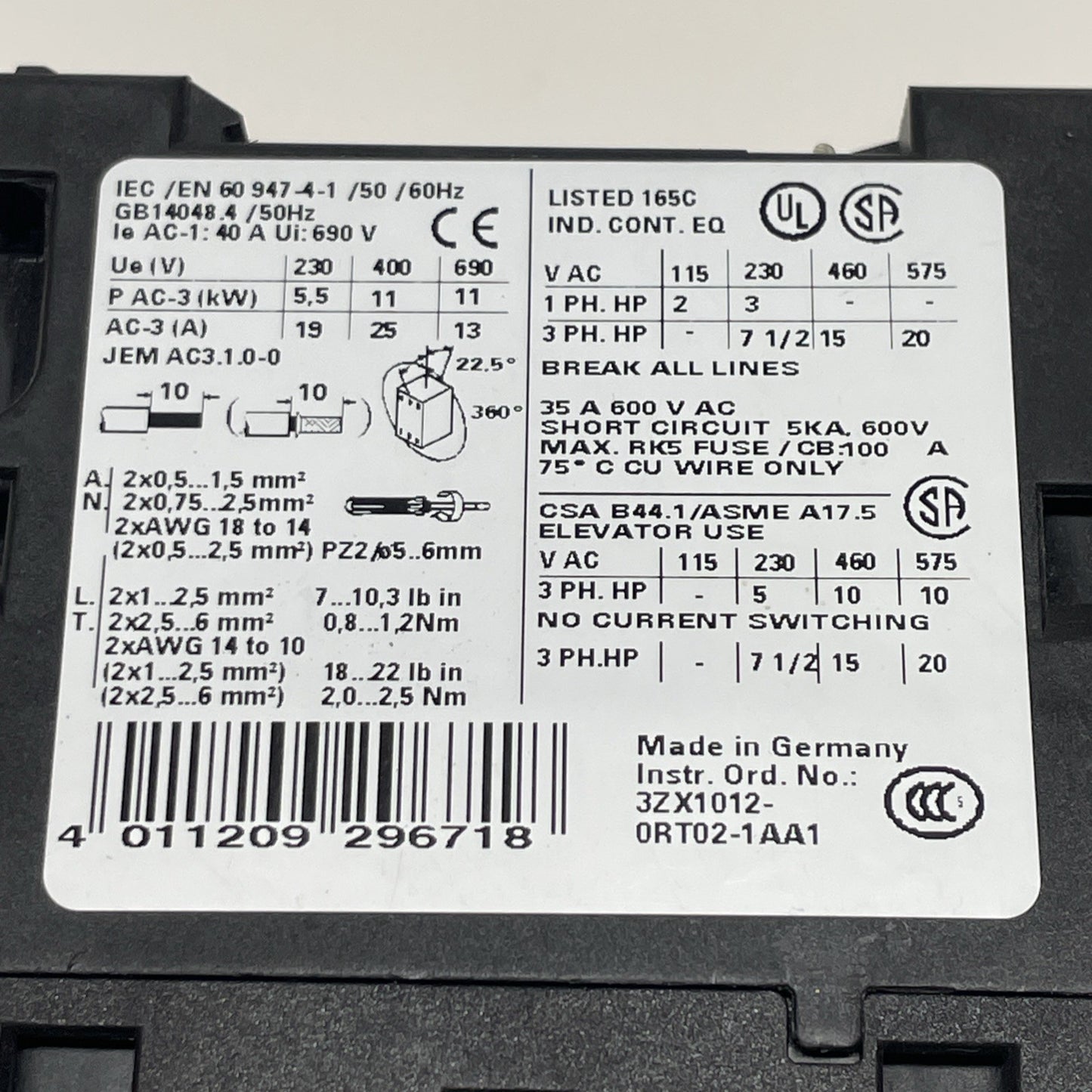 Siemens SIRIUS 3RT1026-1A 3-phase 3-pole Contactor 40A 690V 3ZX1012-0RT02-1AA1