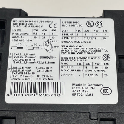 Siemens SIRIUS 3RT1026-1A 3-phase 3-pole Contactor 40A 690V 3ZX1012-0RT02-1AA1