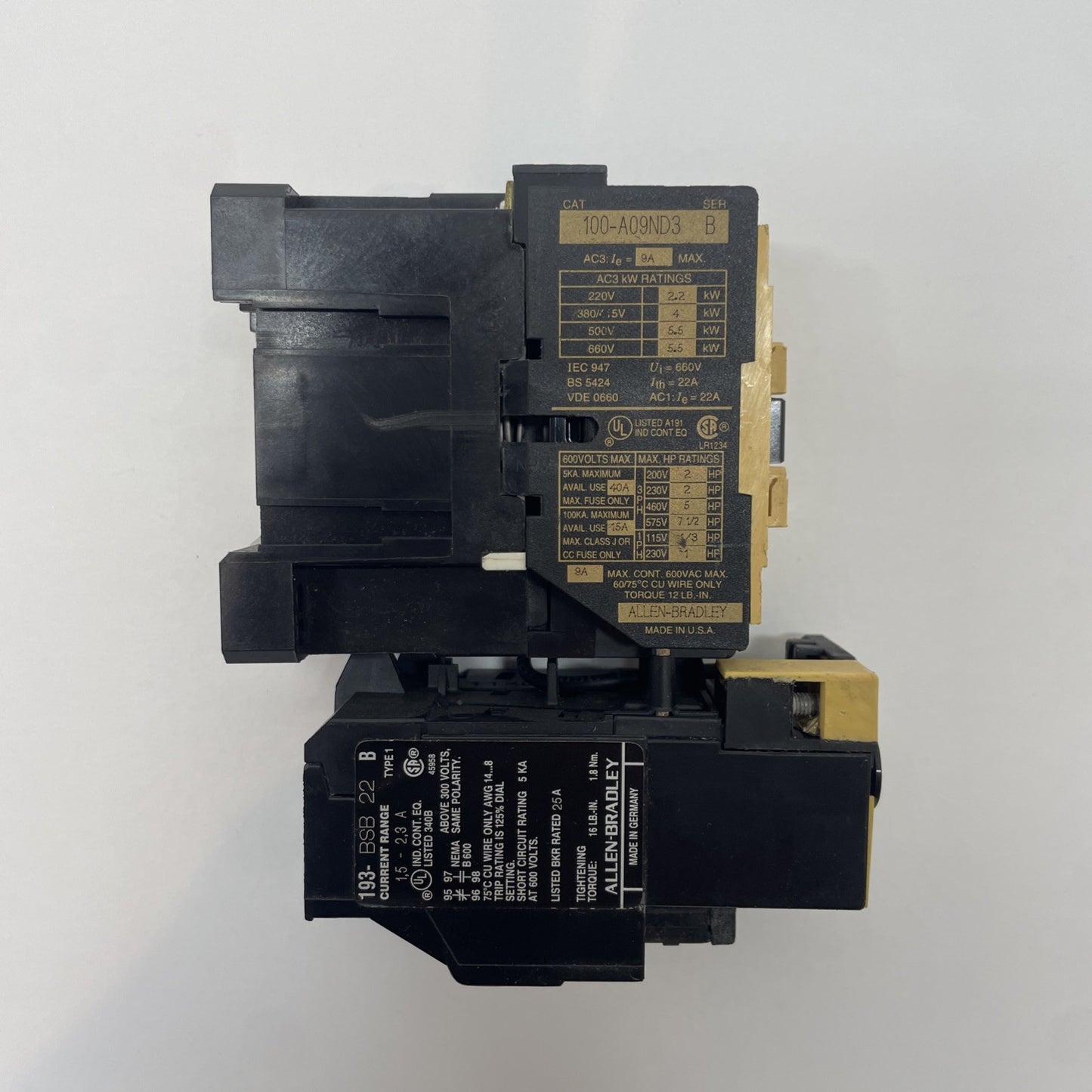 ALLEN BRADLEY 100-A09ND3 SER. B Contactor with 193-BSB 22 Overload Relay