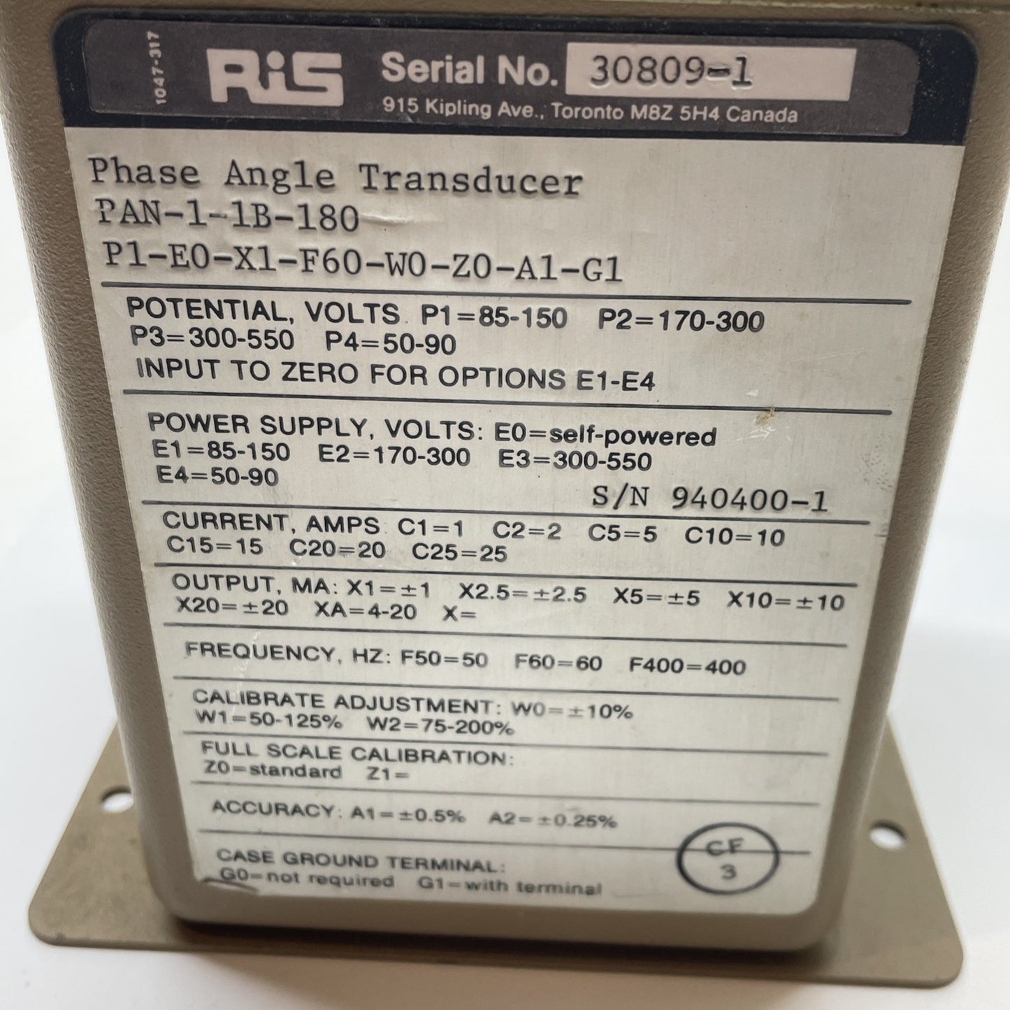 RiS PAN-1B Phase Angle Transducer PAN-1-1B-180 P1-E0-X1-F60-W0-Z0-A1-G1