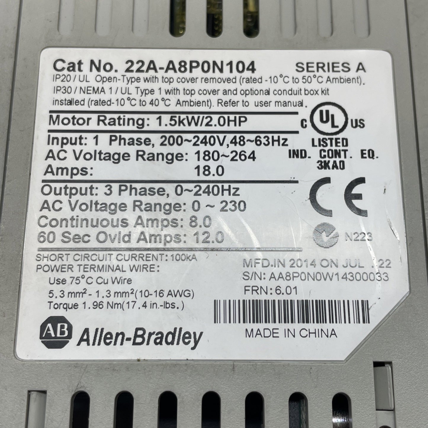 Allen-Bradley 22A-A8P0N104 /A PowerFlex 4 240VAC 1PH 8A 2HP AC Drive