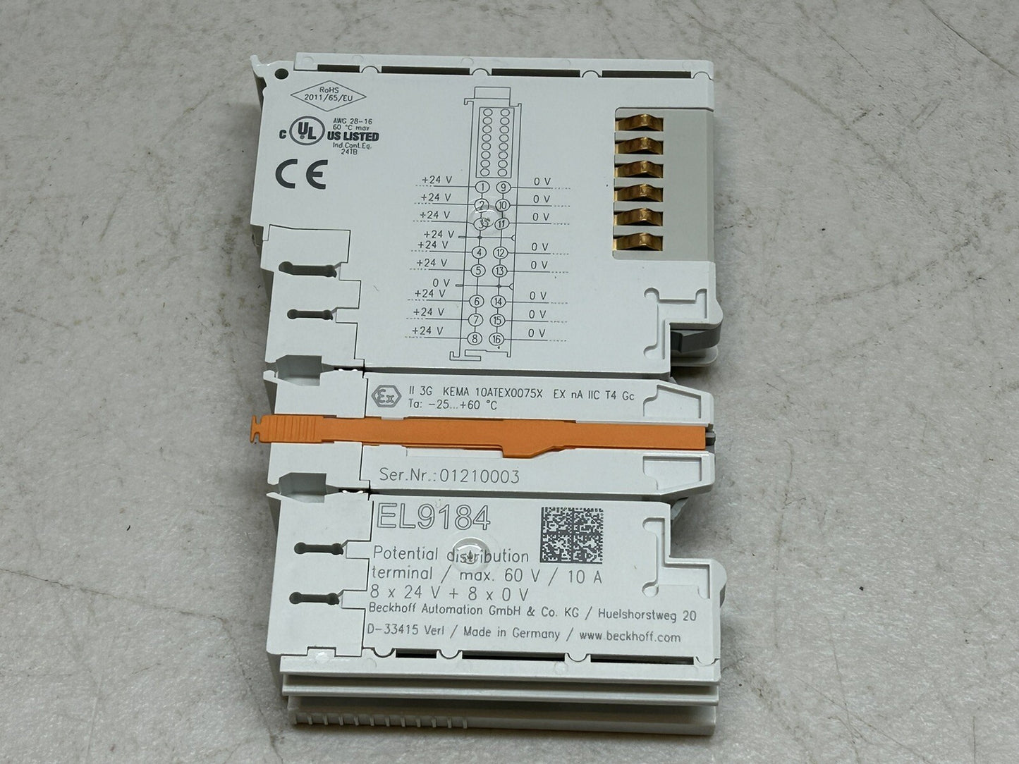 BECKHOFF EL9184 POTENTIAL DISTRIBUTION TERMINAL / 60V 10A 8 X 24V+ 8 X 0V