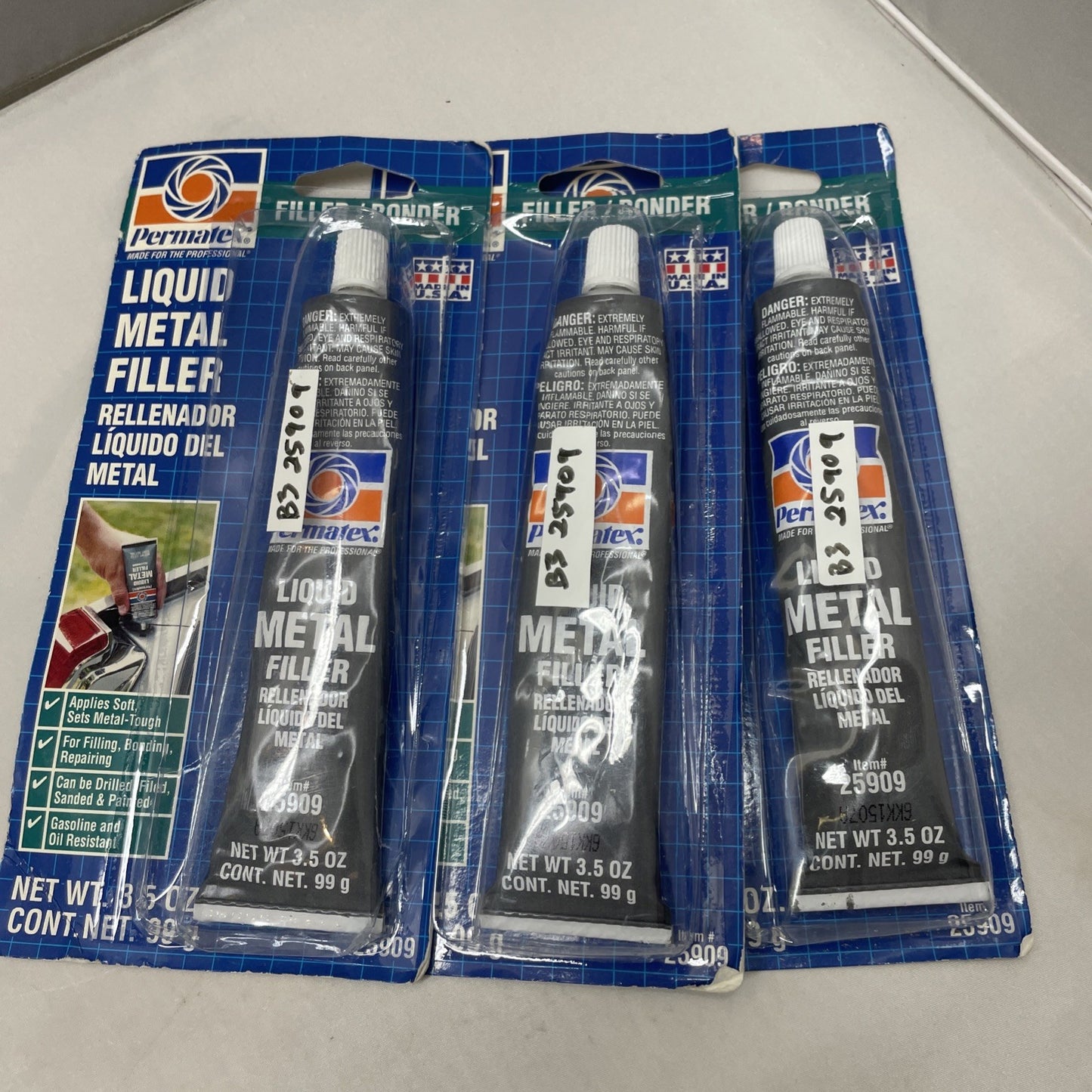 (LOT OF 3) Permatex 25909 - Liquid Metal Filler - 3.5oz Tube