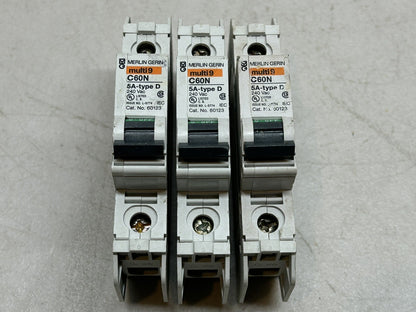 MERLIN GERIN 60123 MULTI 9 C60N 5A TYPE D 1 POLE 5 AMP CIRCUIT BREAKER LOT OF 3